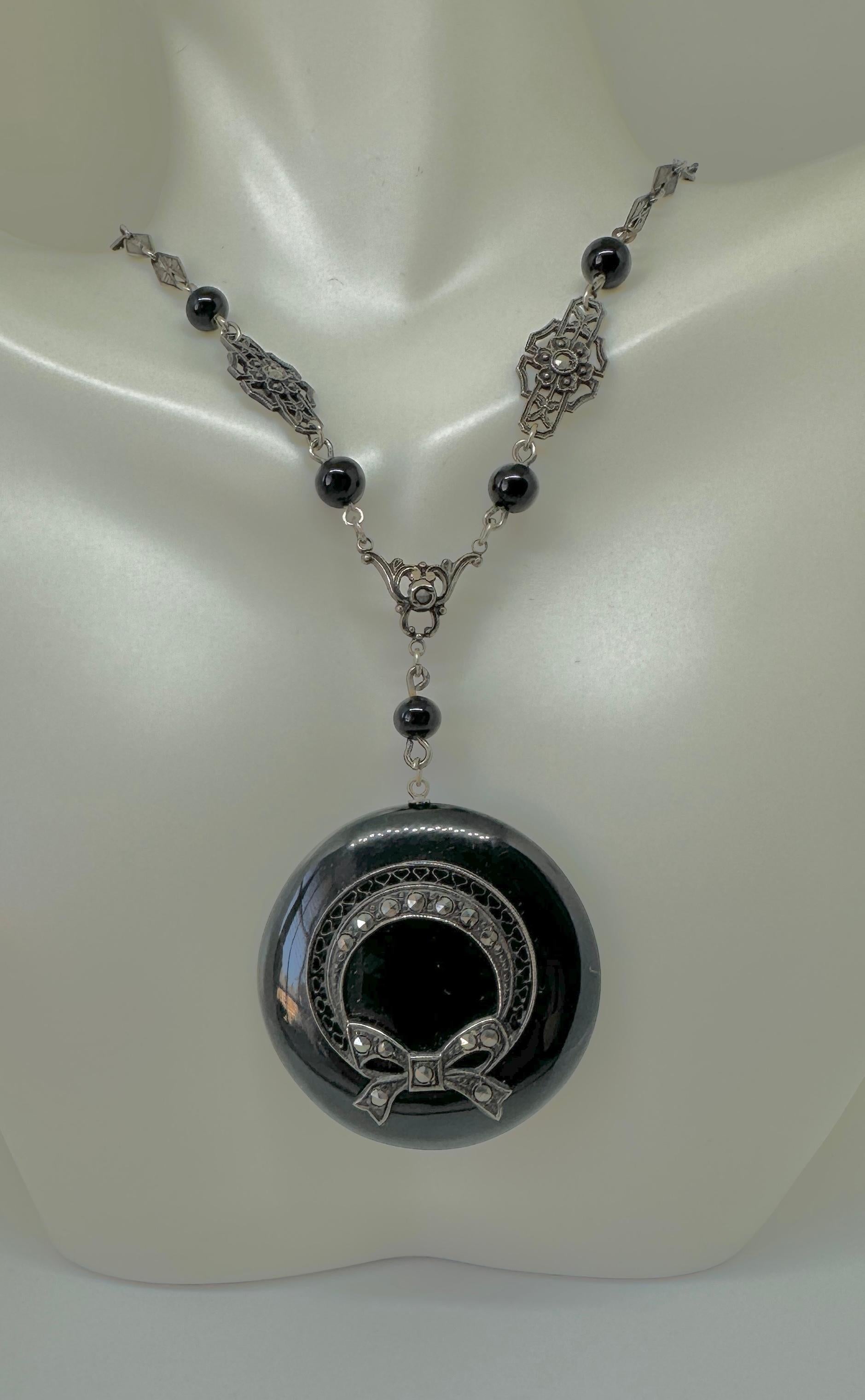 Art Deco Black Onyx Marcasite Necklace Sterling Silver Bow Motif Antique  For Sale 1