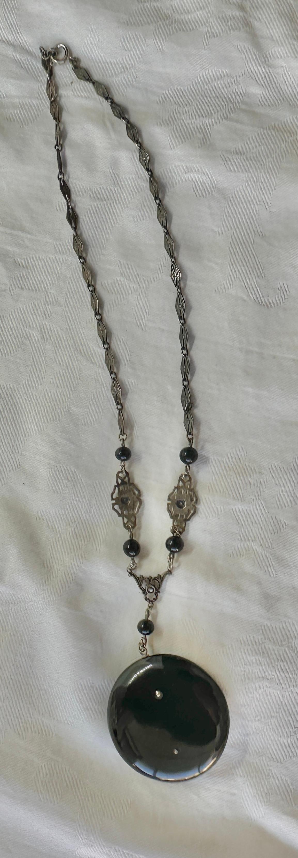Art Deco Black Onyx Marcasite Necklace Sterling Silver Bow Motif Antique  For Sale 3