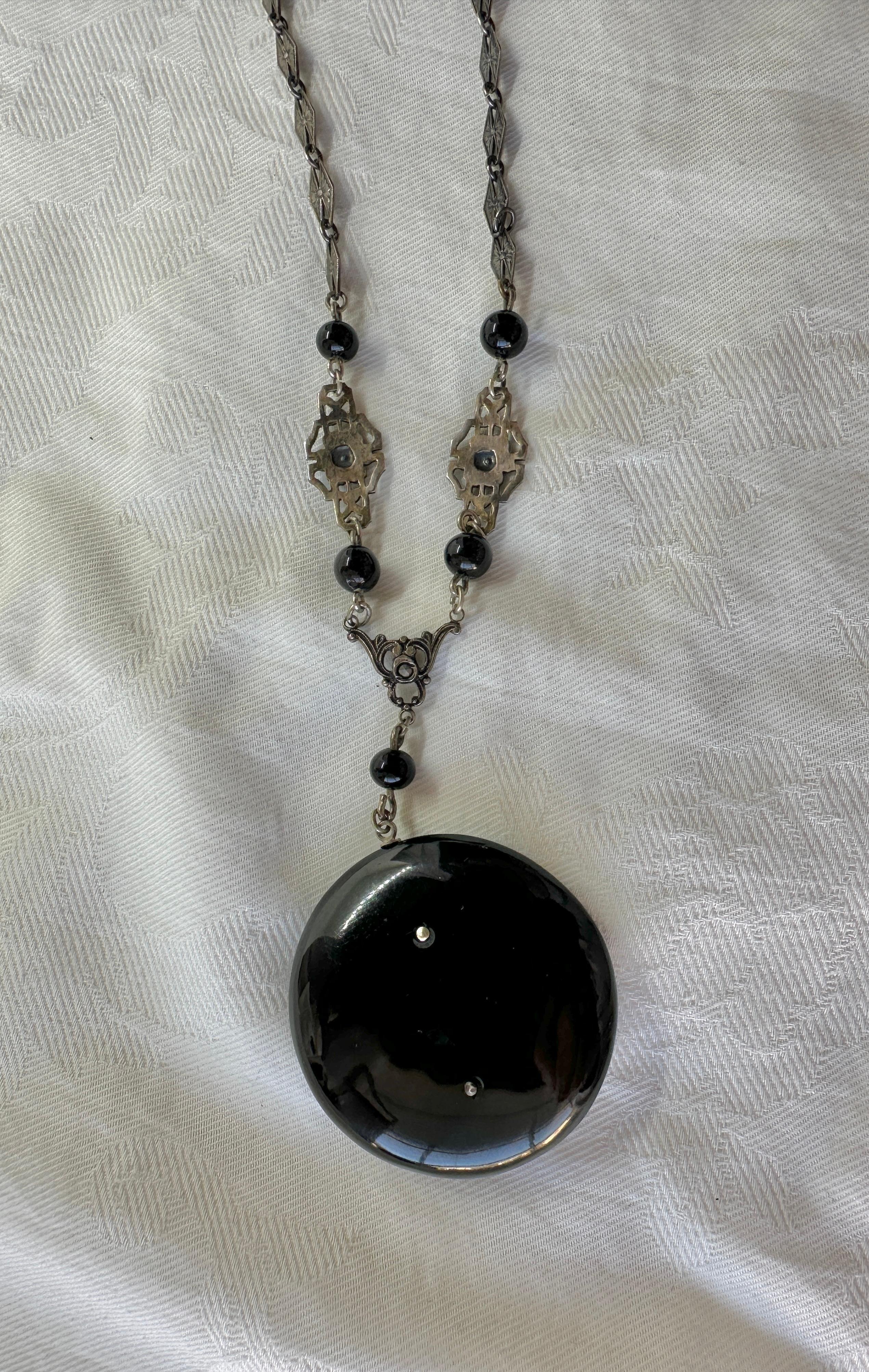 Art Deco Black Onyx Marcasite Necklace Sterling Silver Bow Motif Antique  For Sale 4