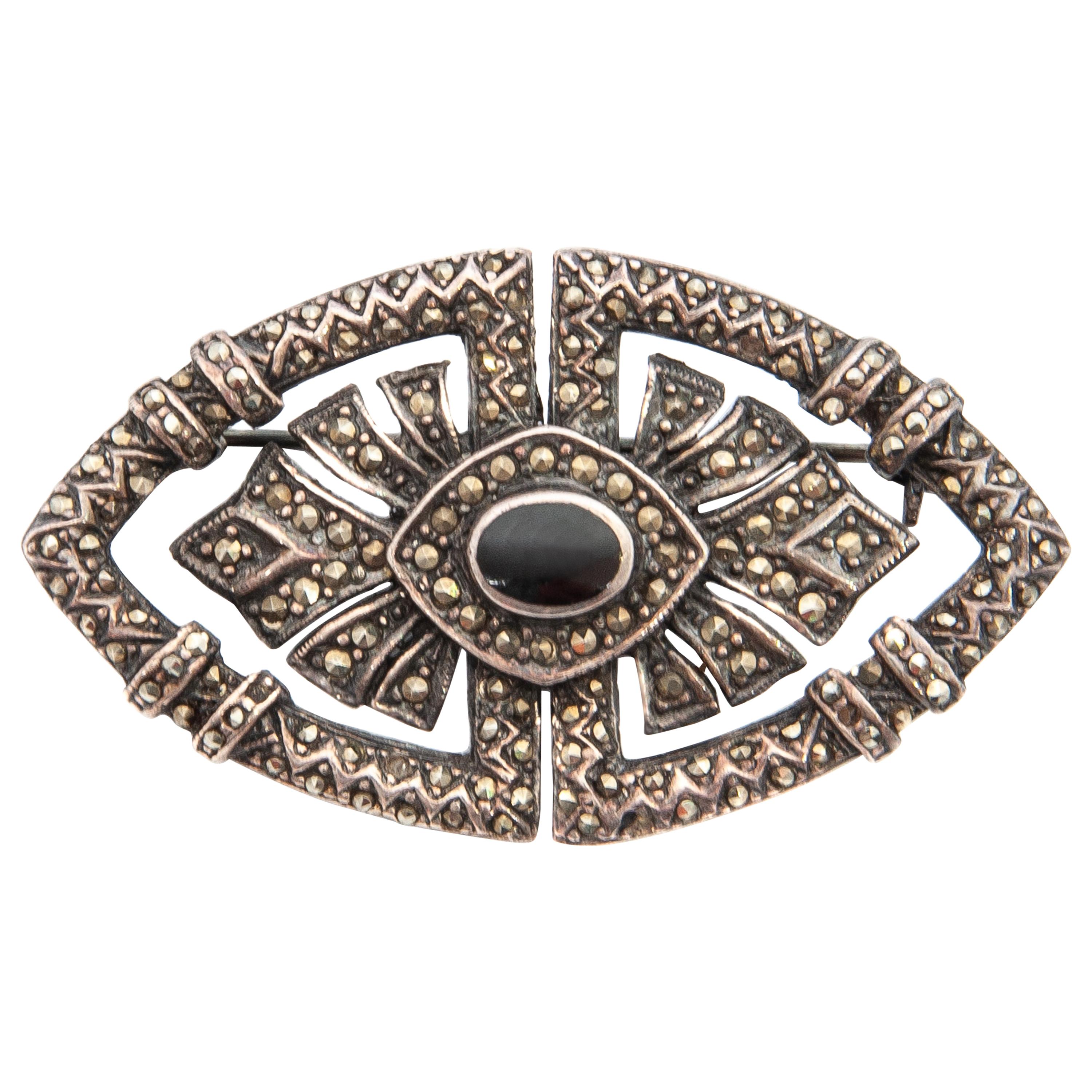 Art Deco Onyx Marcasite Openwork Sterling Silver Brooch