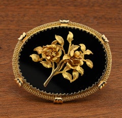 Art Déco Onyx Noir Roses Broche Pendentif 18 KT