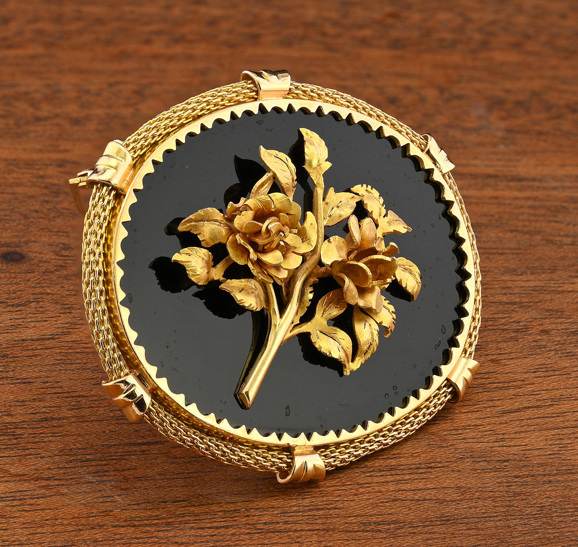 Art Deco Black Onyx Roses Brooch Pendant 18 KT In Good Condition For Sale In Napoli, IT