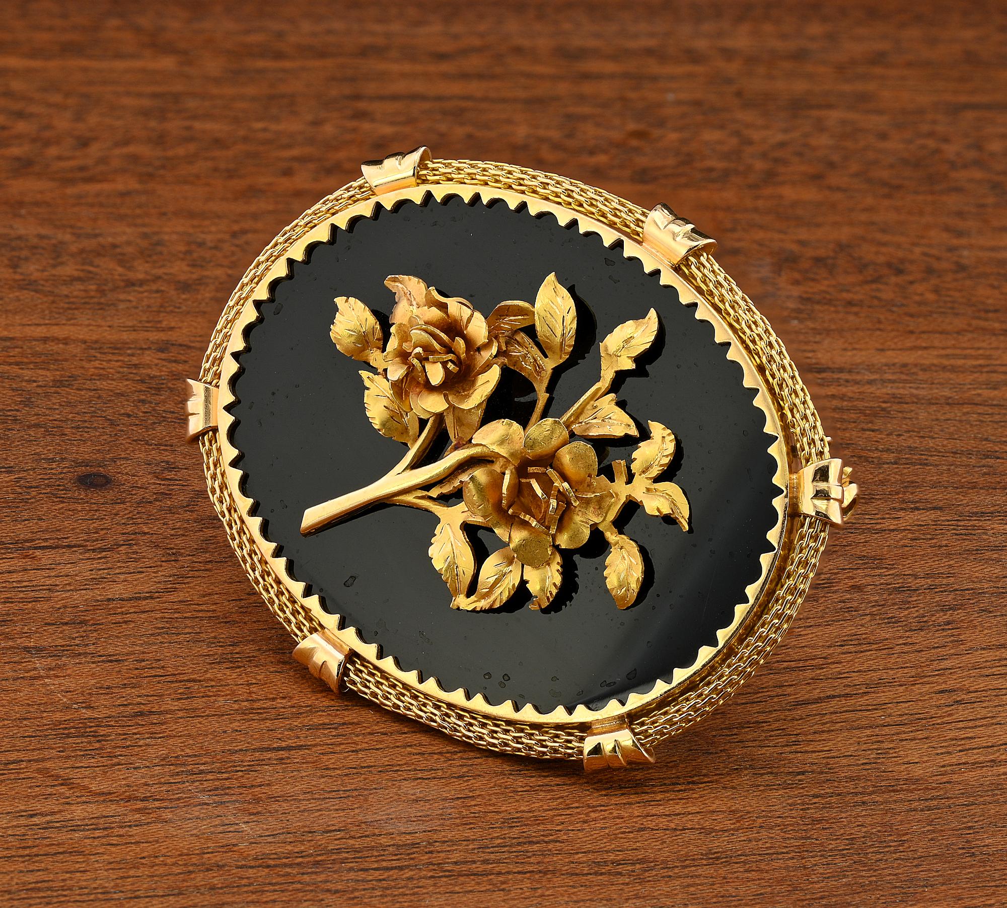 Art Deco Black Onyx Roses Brooch Pendant 18 KT For Sale 1