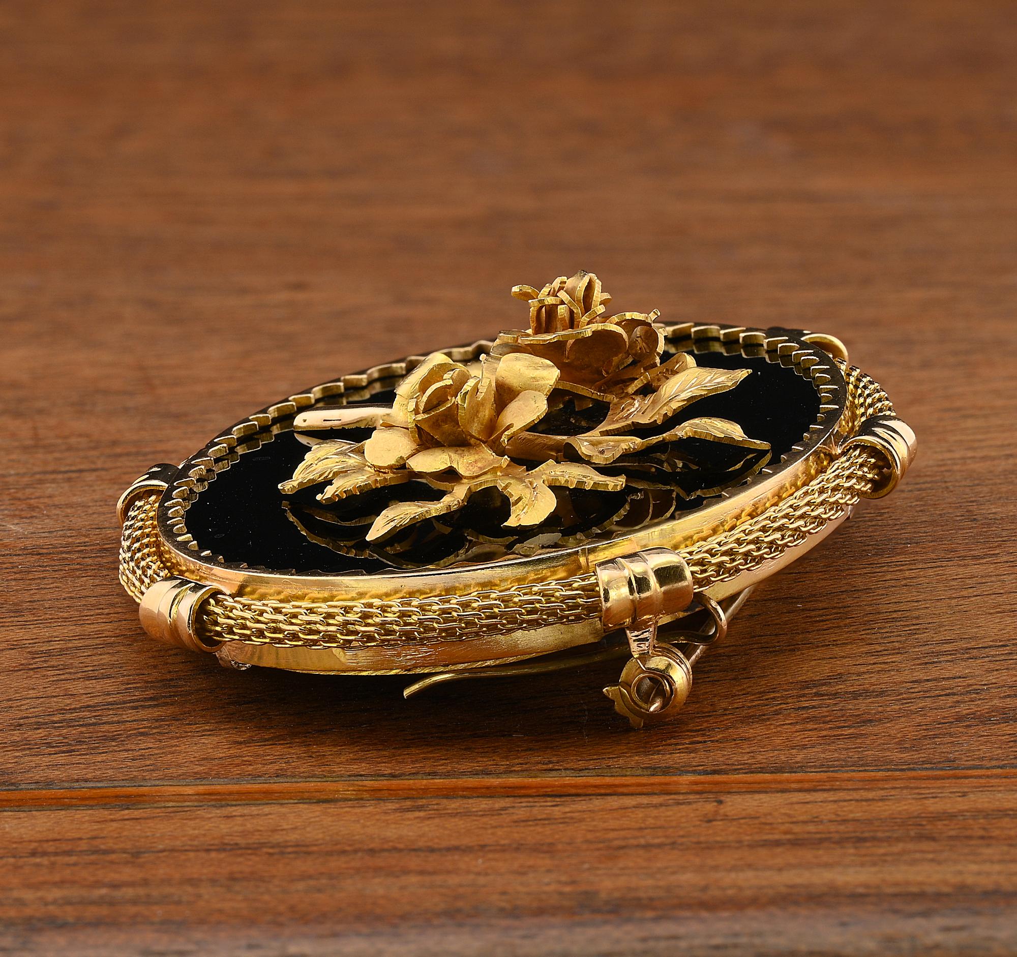 Art Deco Black Onyx Roses Brooch Pendant 18 KT For Sale 3
