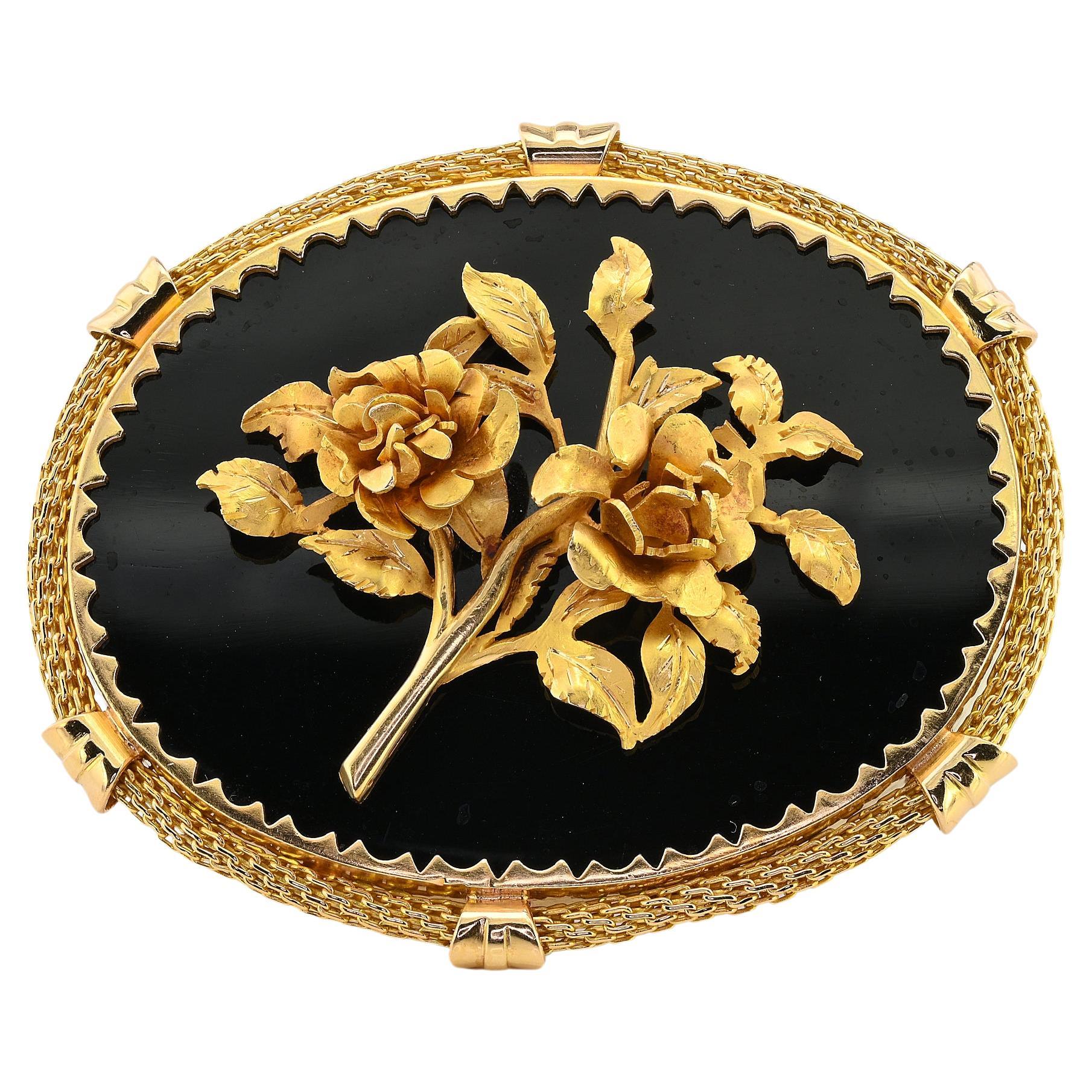 Art Deco Black Onyx Roses Brooch Pendant 18 KT For Sale