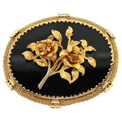 Art Deco Black Onyx Roses Brooch Pendant 18 KT