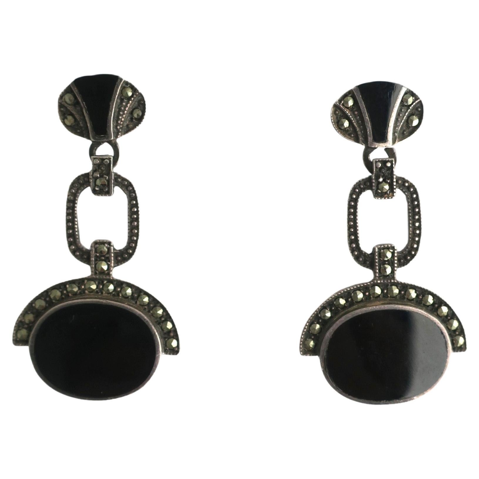 Art Deco Schwarzer Onyx Sterling Silber Ohrringe, Paar im Angebot