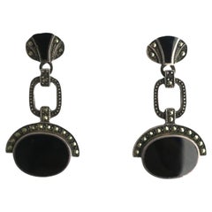 Art Deco Black Onyx Sterling Silver Earrings, Pair
