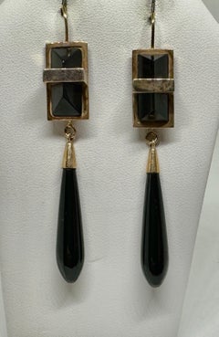 Art Deco Black Onyx Torpedo Dangle Earrings 14 Karat Gold 2.75 Inch