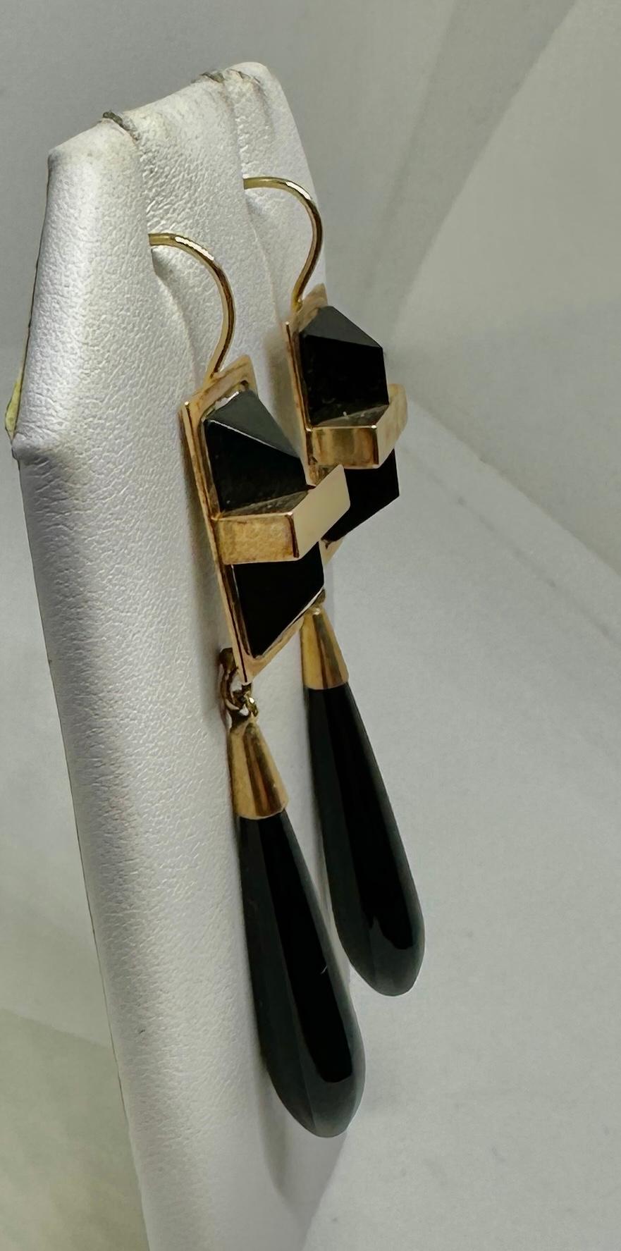 Women's Art Deco Black Onyx Torpedo Dangle Earrings 14 Karat Gold 2.75 Inch For Sale