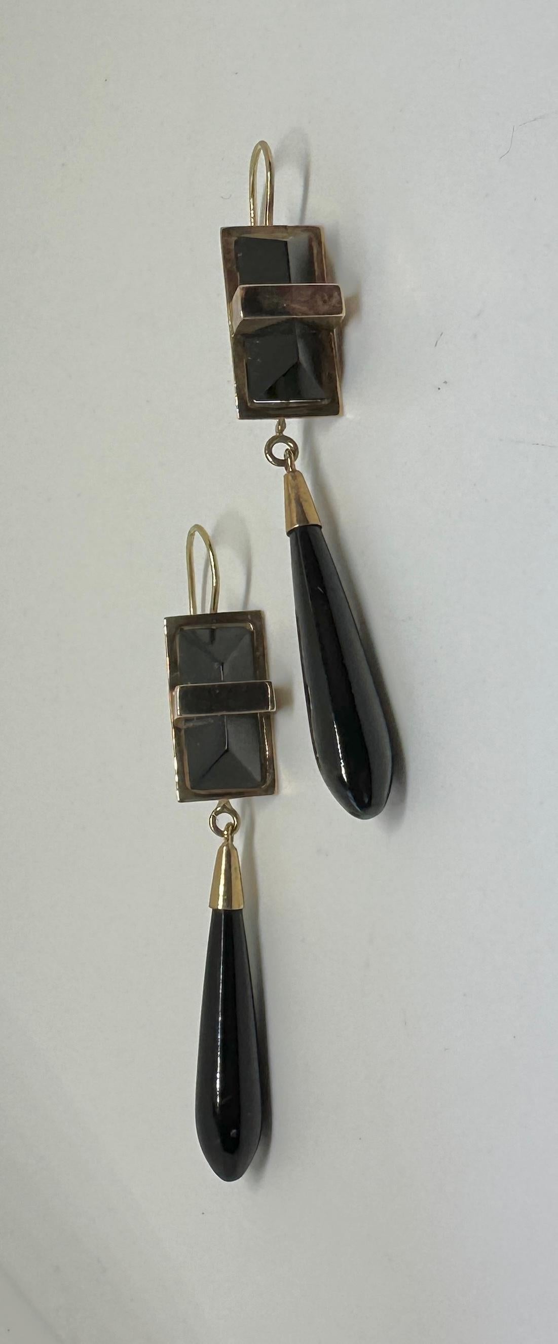 Art Deco Black Onyx Torpedo Dangle Earrings 14 Karat Gold 2.75 Inch For Sale 3