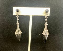 Art Deco Schwarzer Onyx Torpedo Markasit Ohrringe 2,5" Sterling Antik 1920