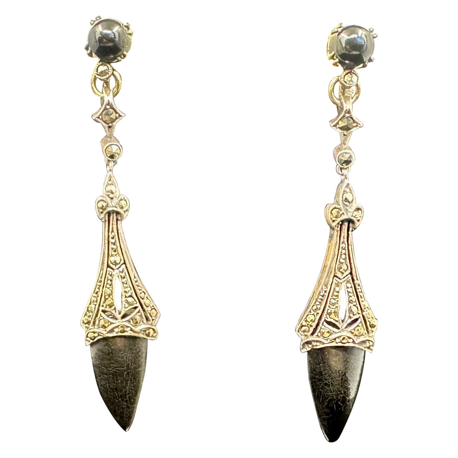 Orecchini pendenti in onice nera Torpedo Marcasite 2,5" Sterling Antiques 1920