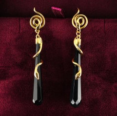 Art Deco Black Onyx Torpedo Snake 18 KT Earrings