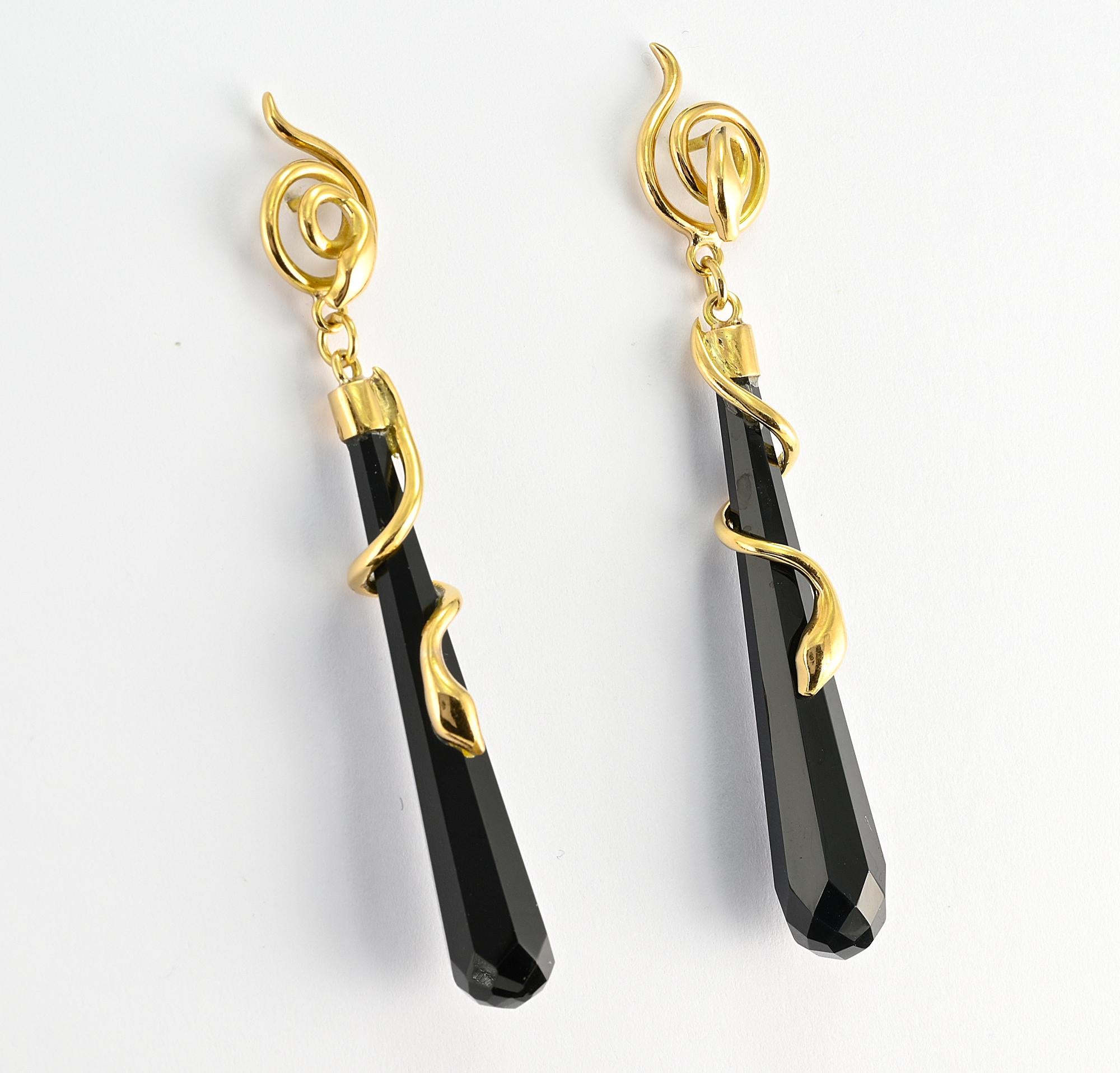 Bead Art Deco Black Onyx Torpedo Snake 18 KT Earrings For Sale