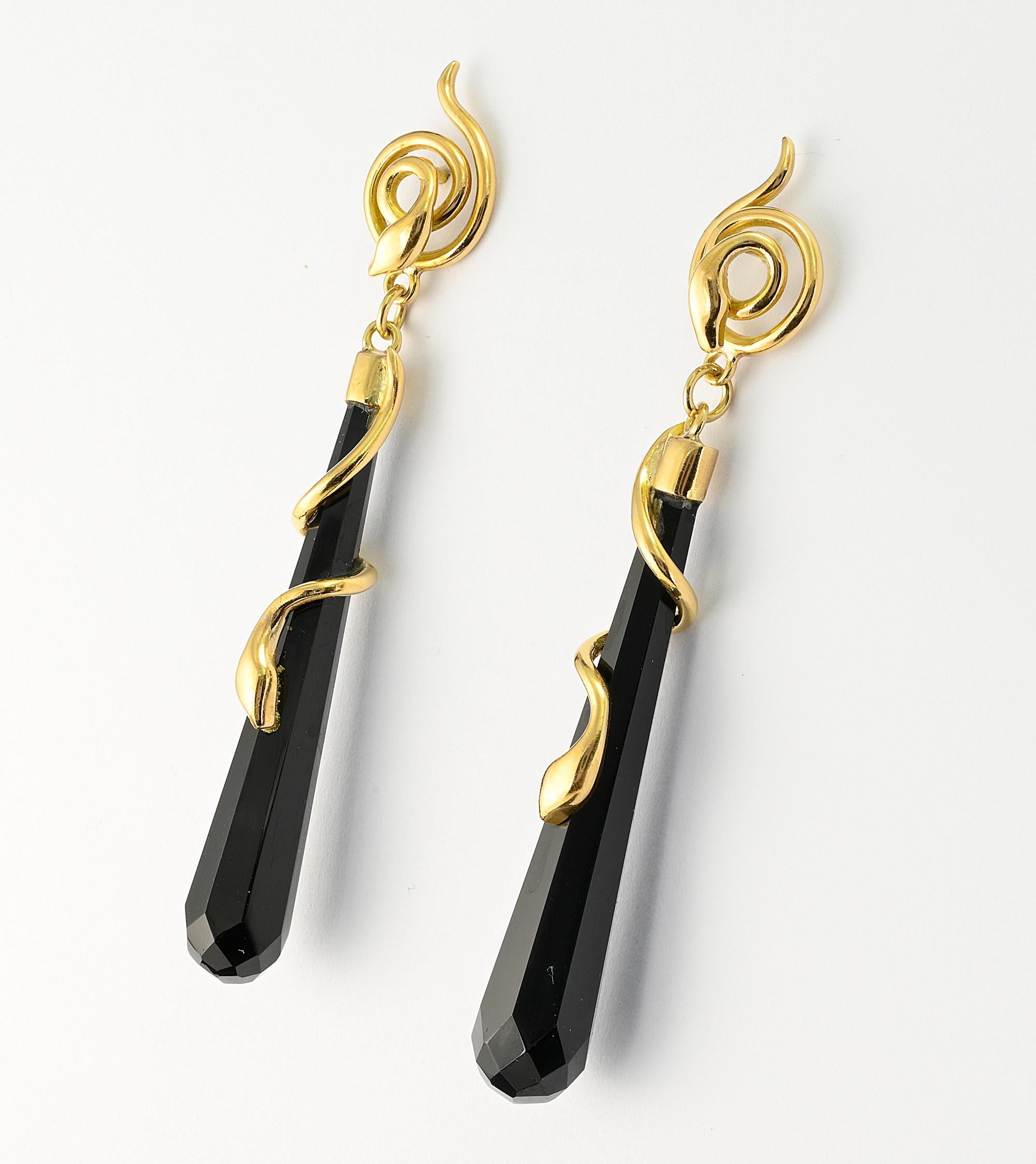 Women's Art Deco Black Onyx Torpedo Snake 18 KT Earrings For Sale