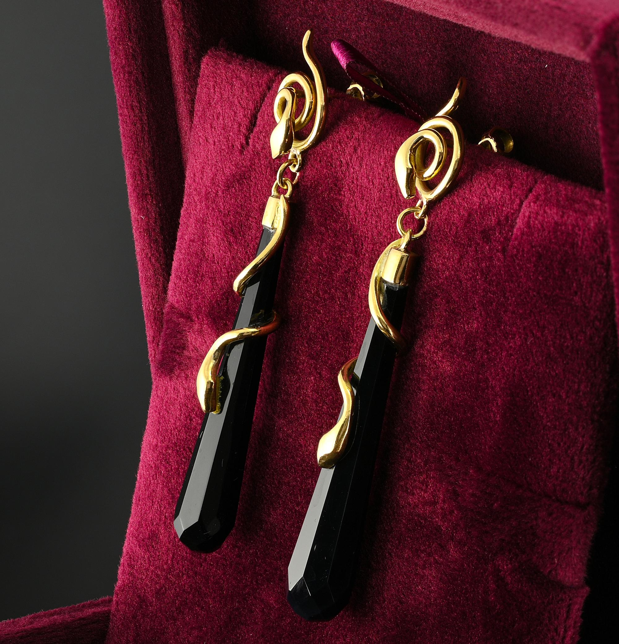 Women's Art Deco Black Onyx Torpedo Snake 18 KT Earrings For Sale