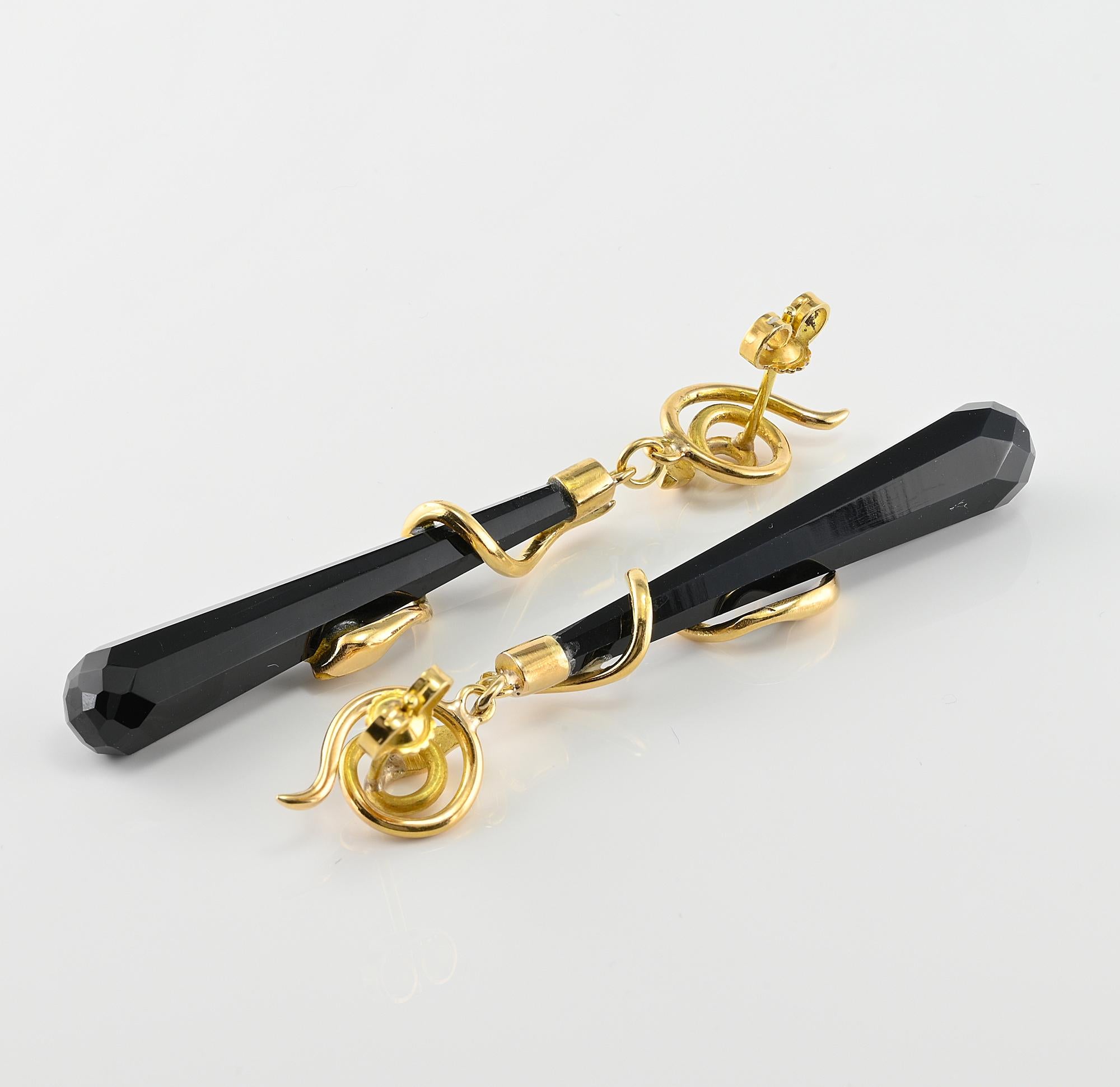 Art Deco Black Onyx Torpedo Snake 18 KT Earrings For Sale 1