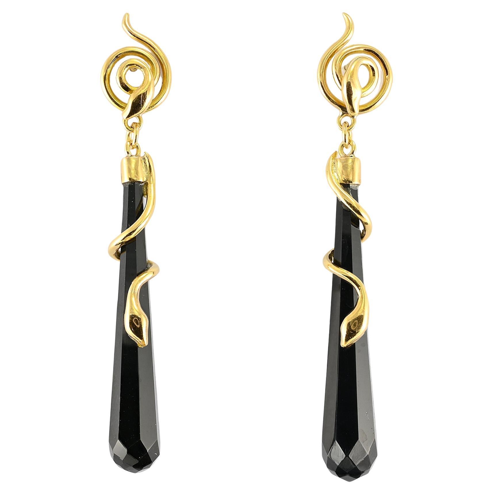 Art Deco Black Onyx Torpedo Snake 18 KT Earrings For Sale