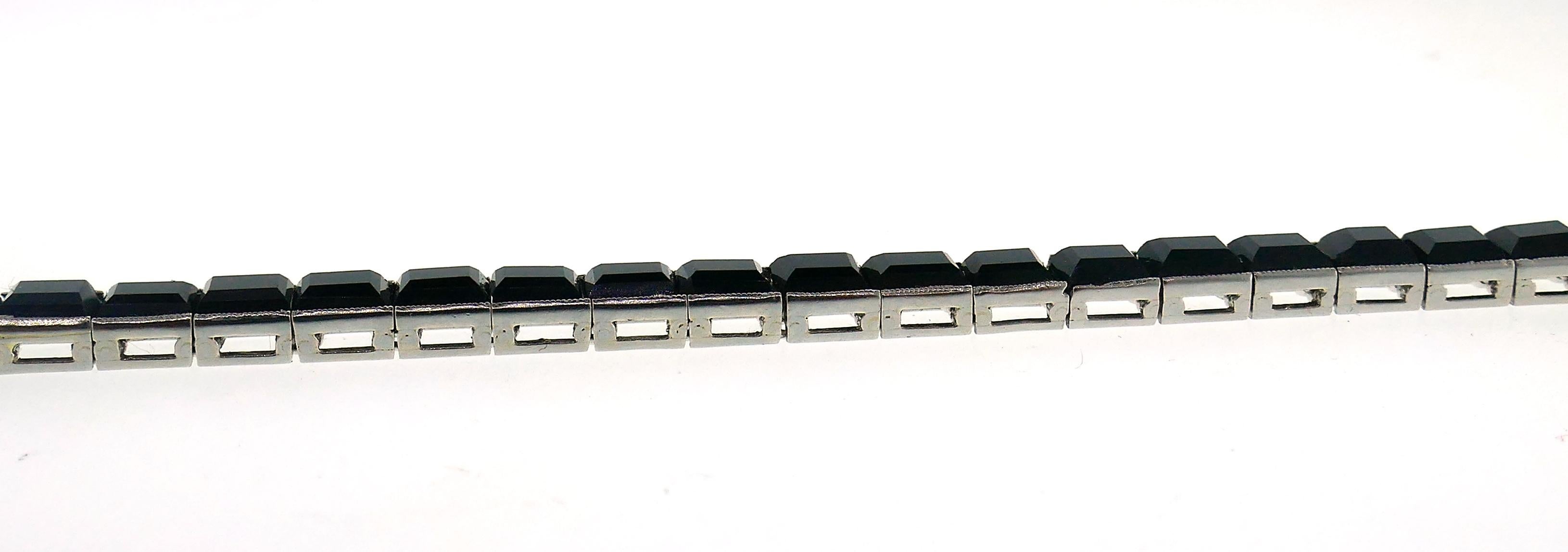 Square Cut Art Deco Black Onyx White Gold Tennis Bracelet, 1910s