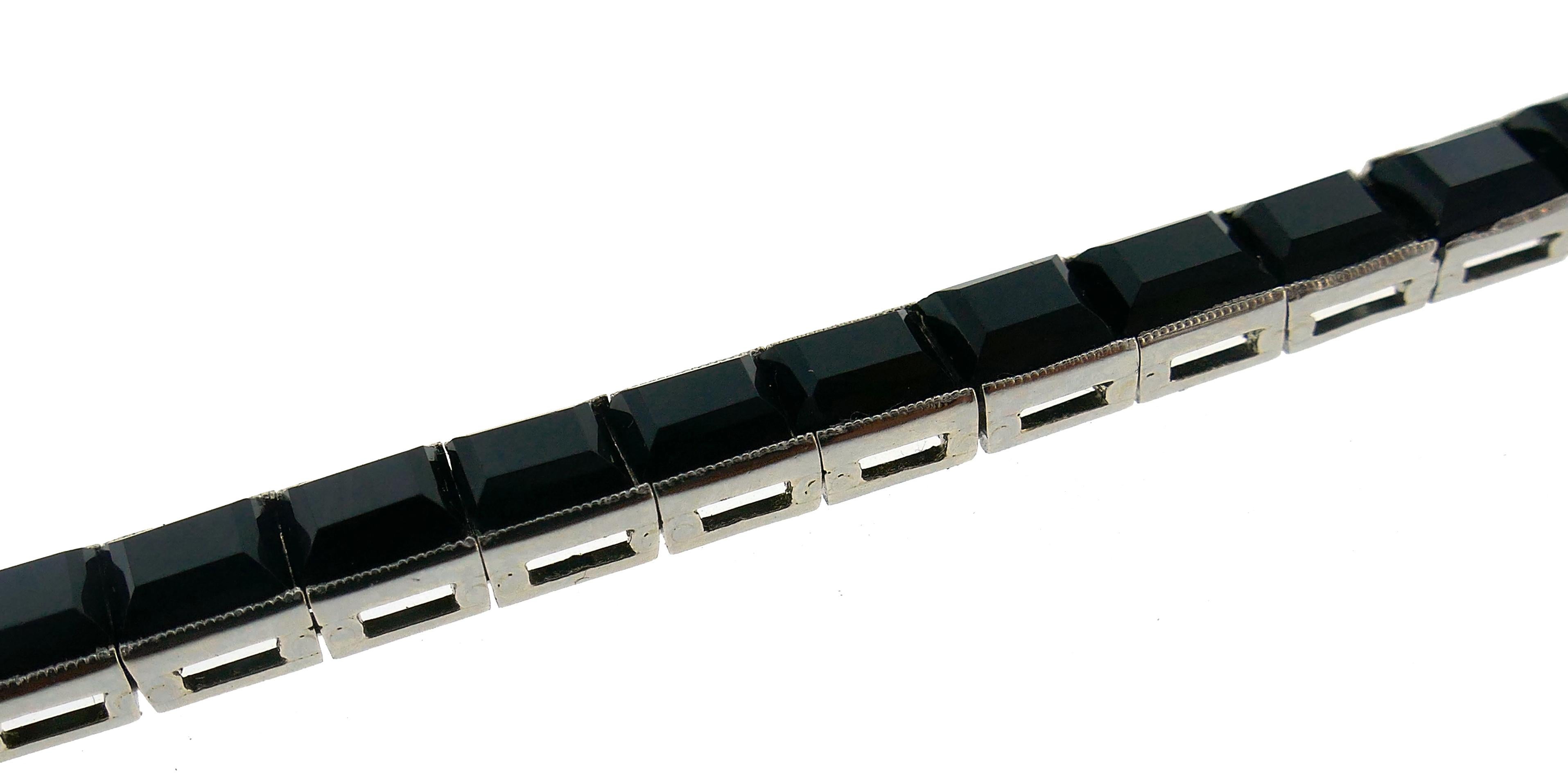 Women's or Men's Art Deco Black Onyx White Gold Tennis Bracelet, 1910s