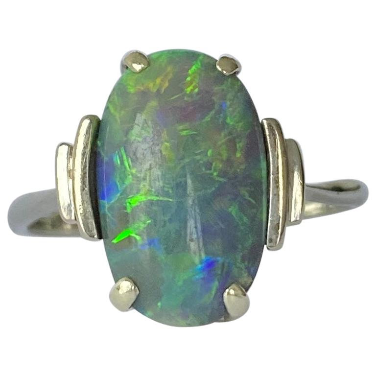 Art Deco Black Opal and 18 Carat White Gold Ring