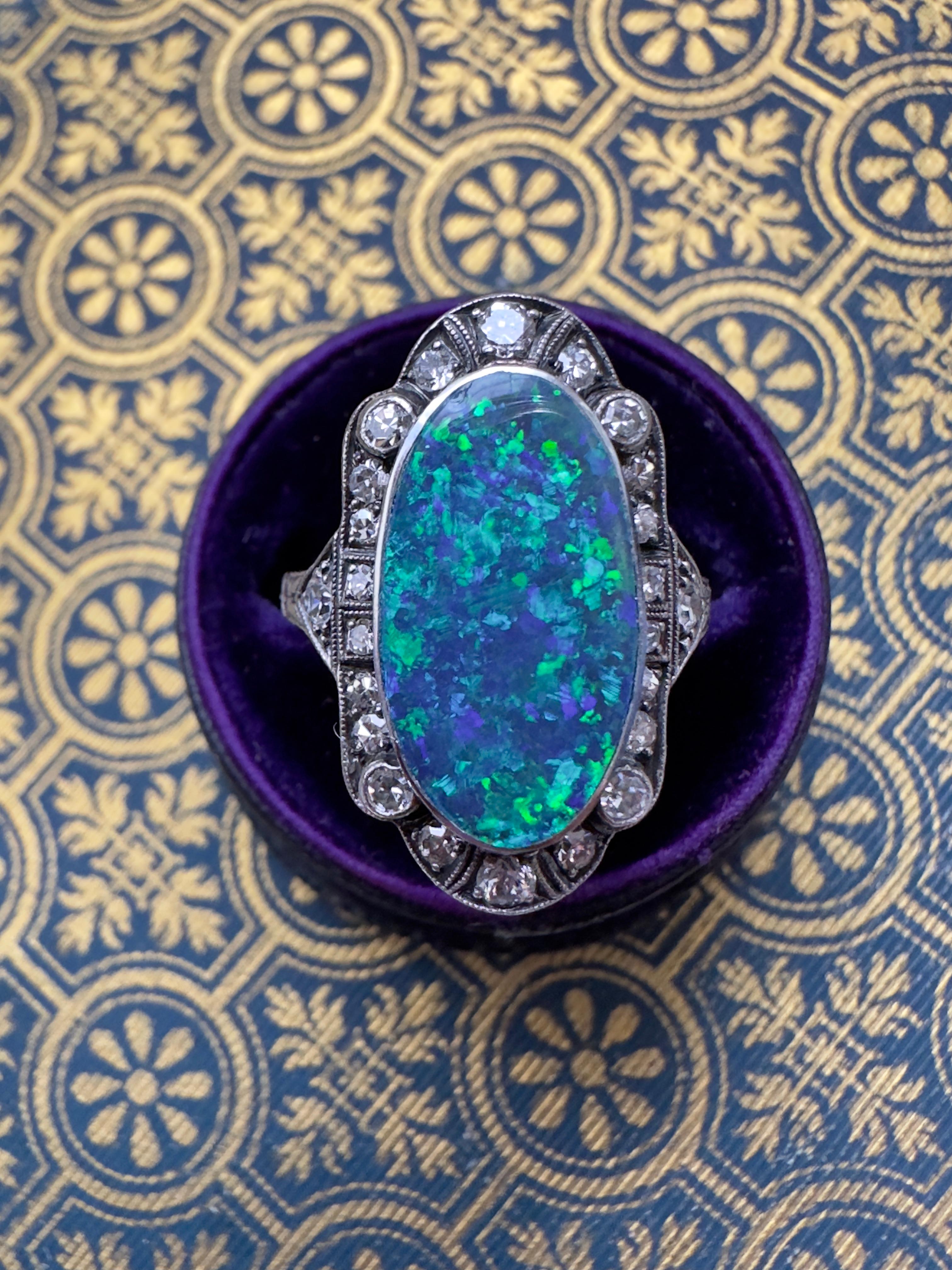 Single Cut Art Deco Black Opal and Diamond Ring
