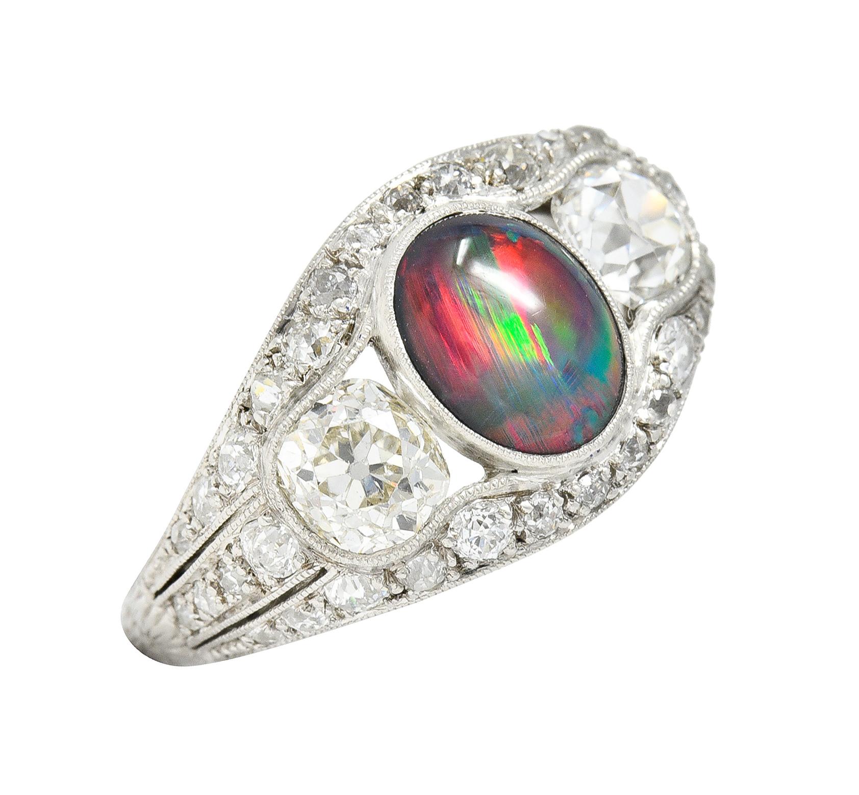 Art Deco Black Opal Cabochon Old Mine Cut Diamond Platinum Antique Dinner Ring 6