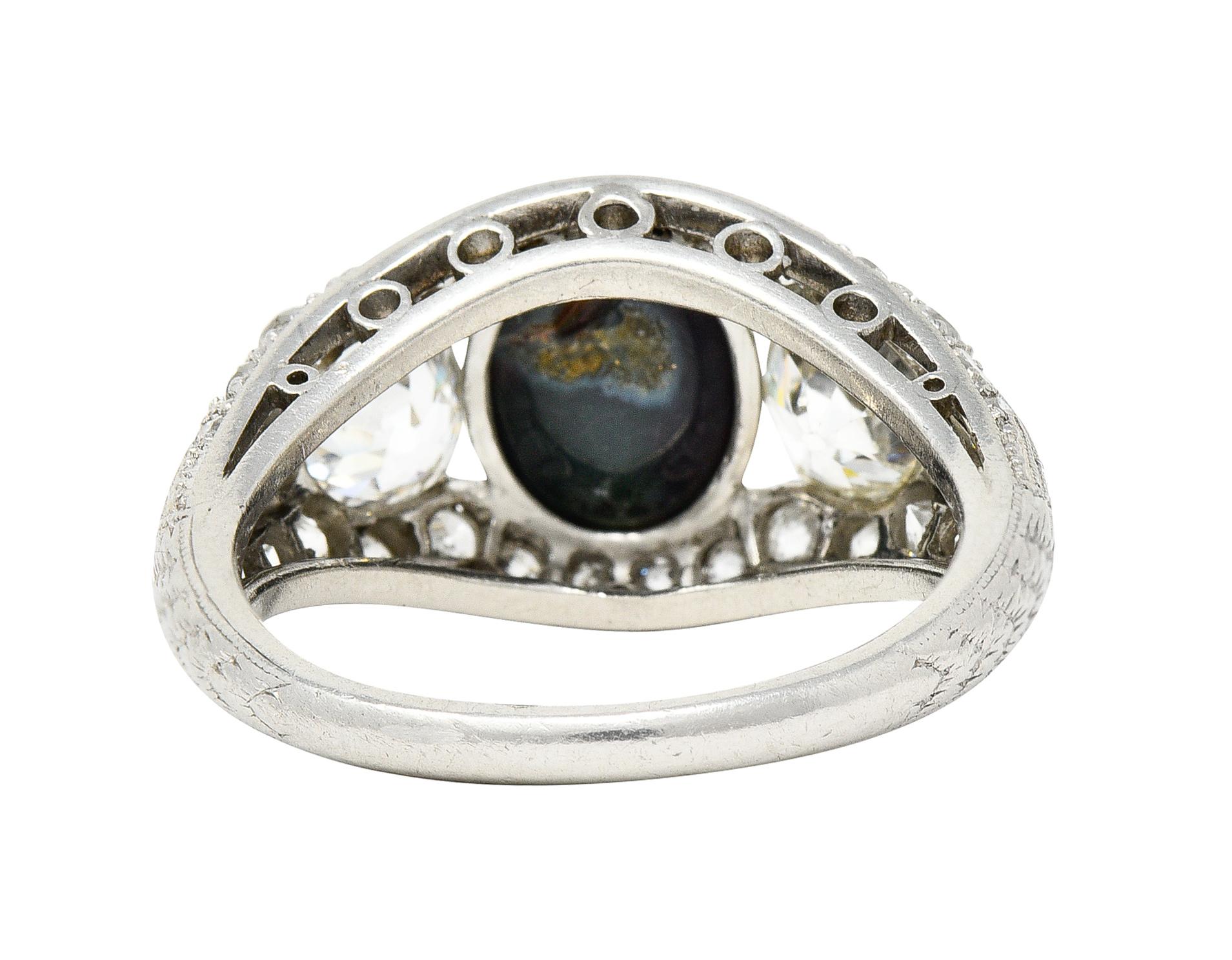 Women's or Men's Art Deco Black Opal Cabochon Old Mine Cut Diamond Platinum Antique Dinner Ring