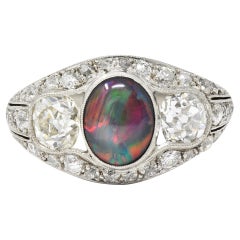 Art Deco Black Opal Cabochon Old Mine Cut Diamond Platinum Antique Dinner Ring