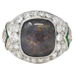Art Deco Black Opal Cabochon Pave Diamond Emerald Platinum Bombe Band Ring