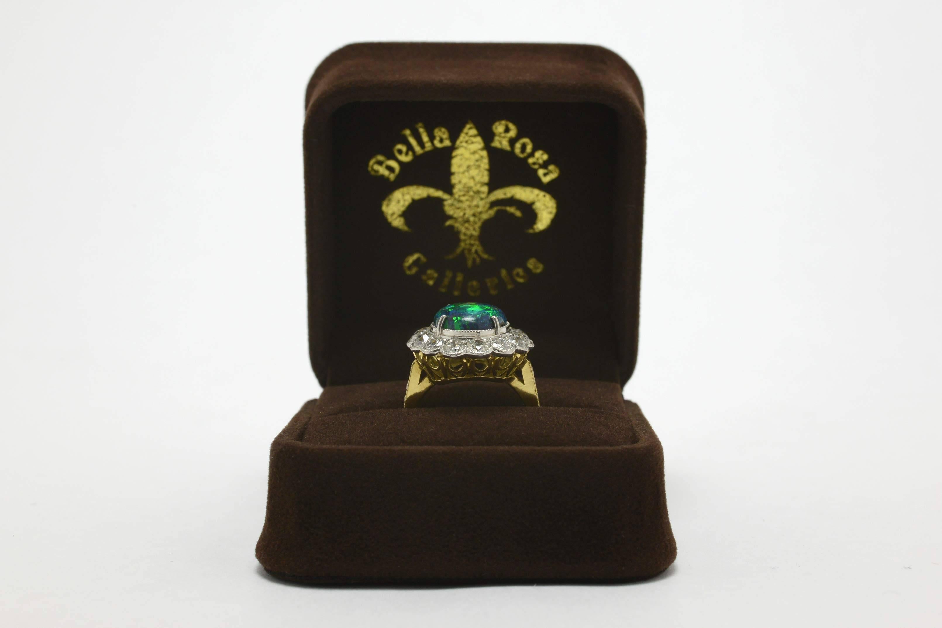 Women's Art Deco Black Opal Diamond Halo Lightning Ridge Gold Platinum Statement Ring