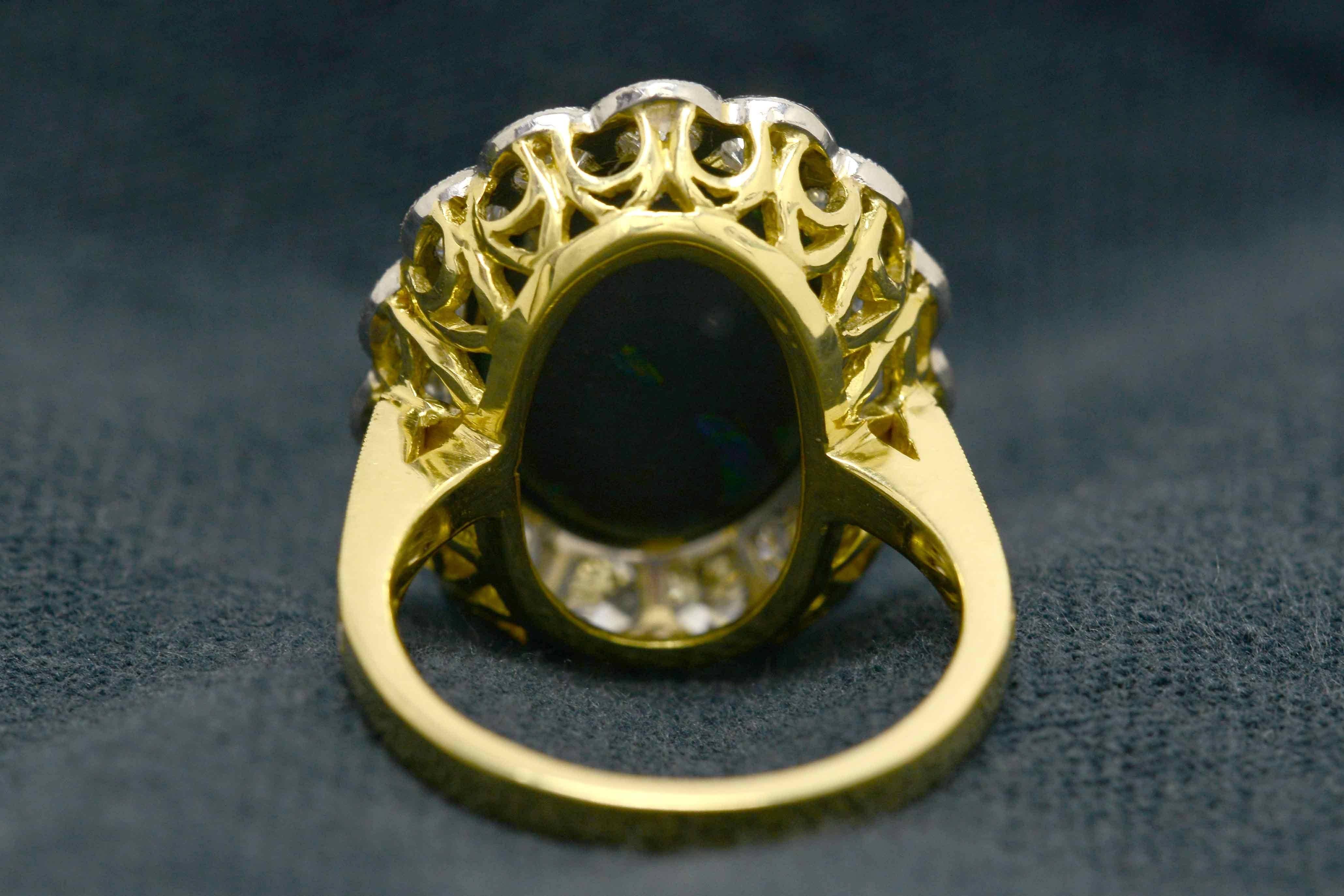 Art Deco Black Opal Diamond Halo Lightning Ridge Gold Platinum Statement Ring 1