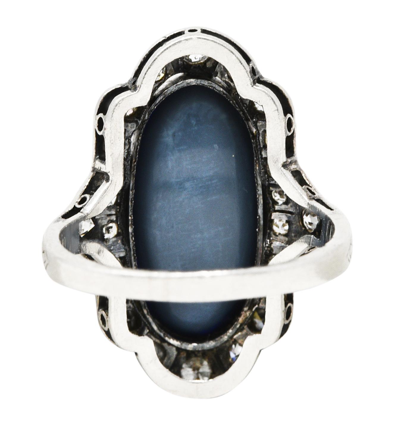 Oval Cut Art Deco Black Opal Diamond Platinum Dinner Ring