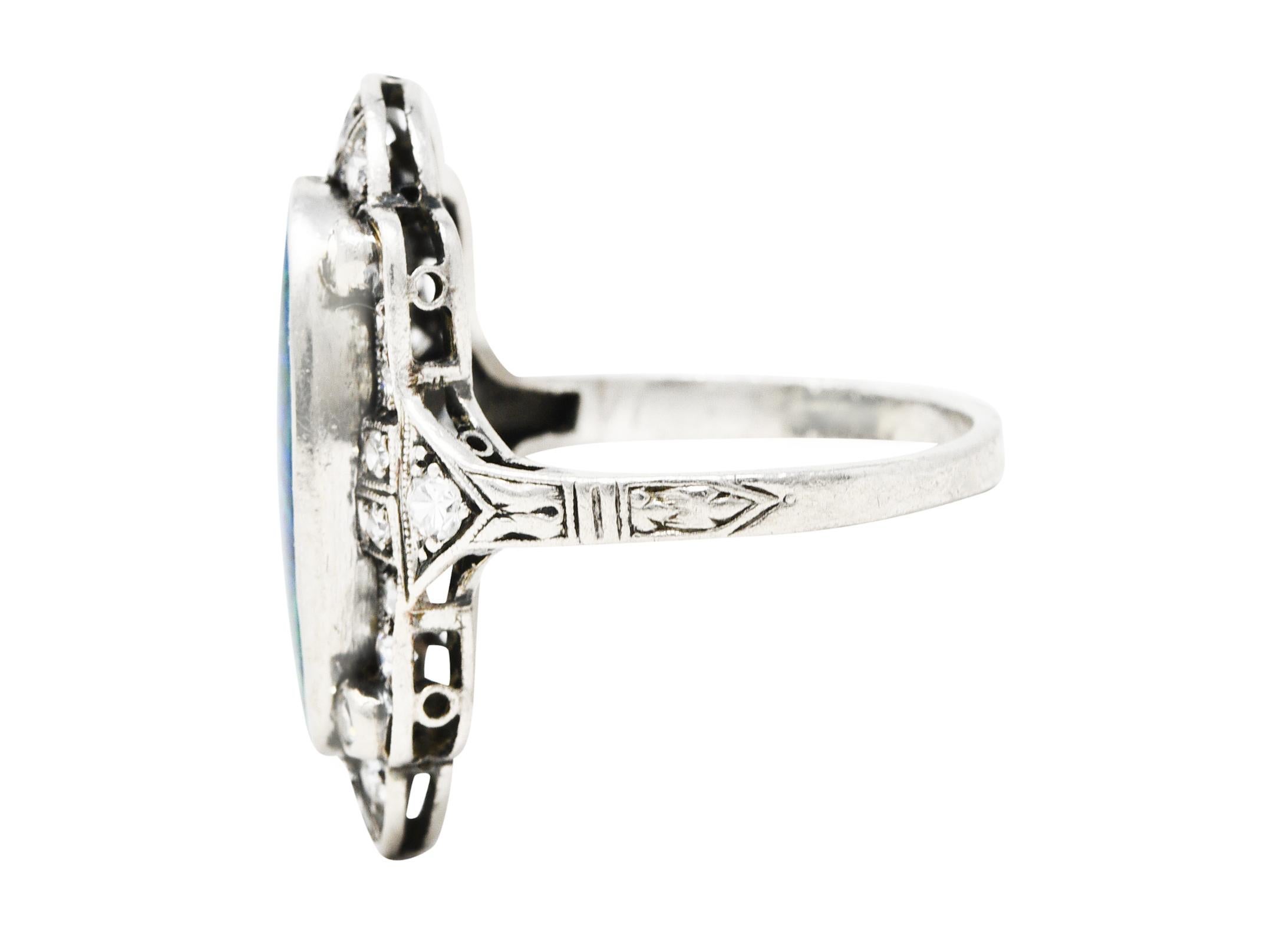 Women's or Men's Art Deco Black Opal Diamond Platinum Dinner Ring