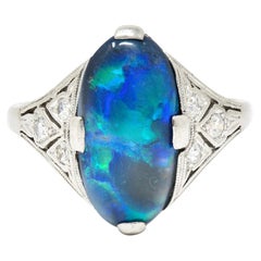 Art Deco Black Opal Diamond Platinum Navette Scroll Dinner Ring