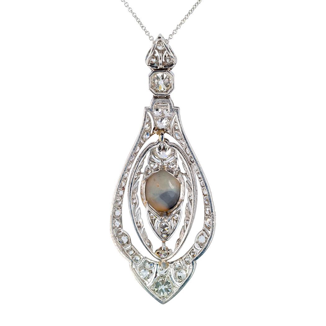Cabochon Art Deco Black Opal Diamond Platinum White Gold Pendant