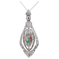 Art Deco Black Opal Diamond Platinum White Gold Pendant