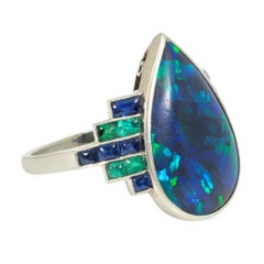 Art Deco black opal, emerald, and sapphire ring