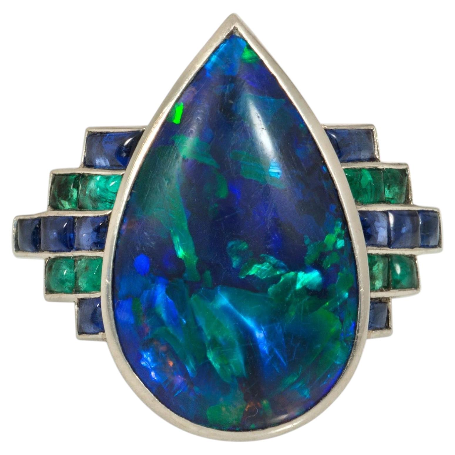 Art Deco black opal, emerald, and sapphire ring For Sale