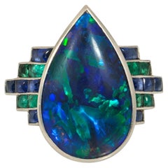 Art Deco black opal, emerald, and sapphire ring