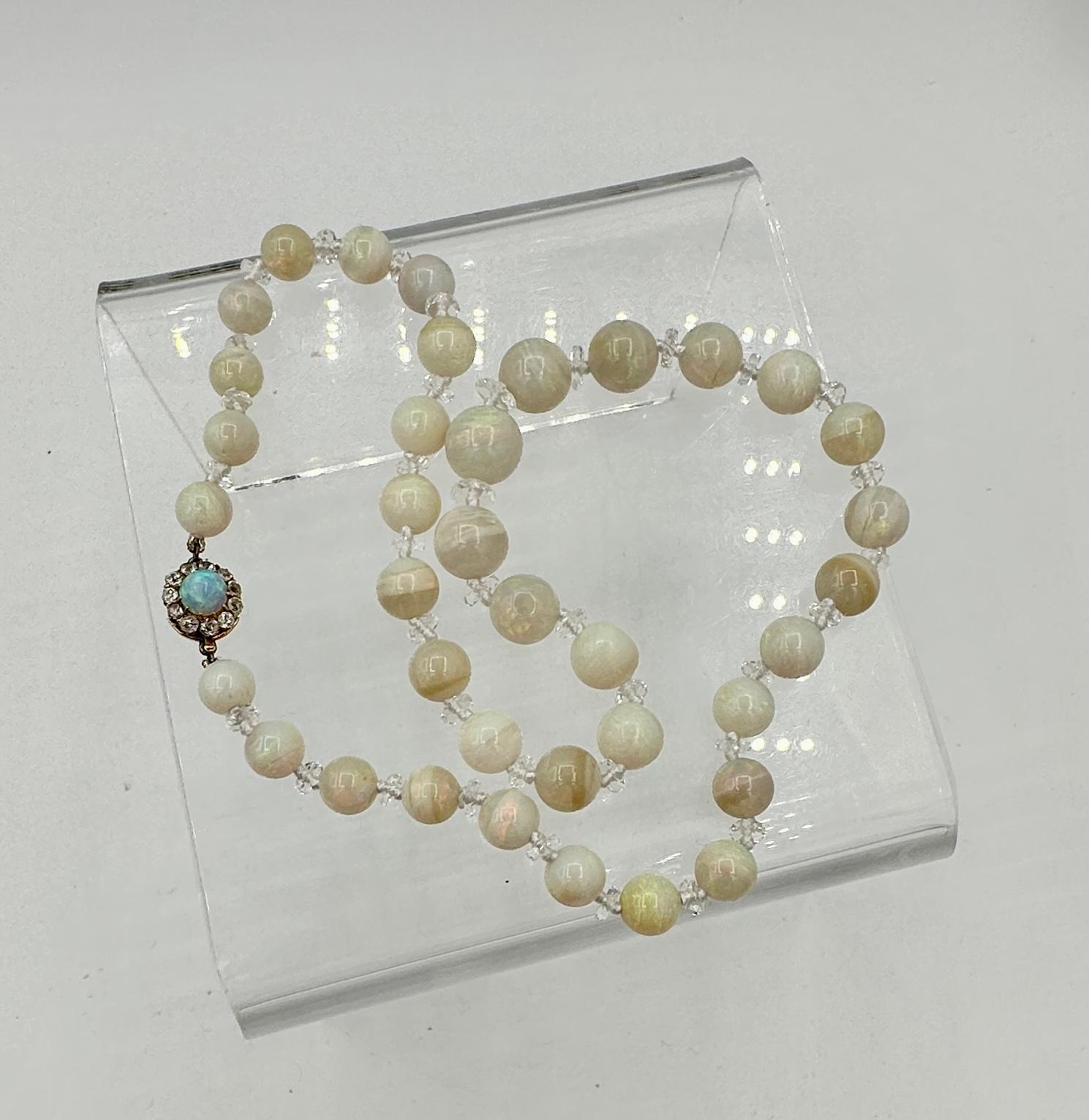 Art Deco Black Opal Old Mine Cut Diamond Rock Crystal Necklace 14 Karat Gold For Sale 5