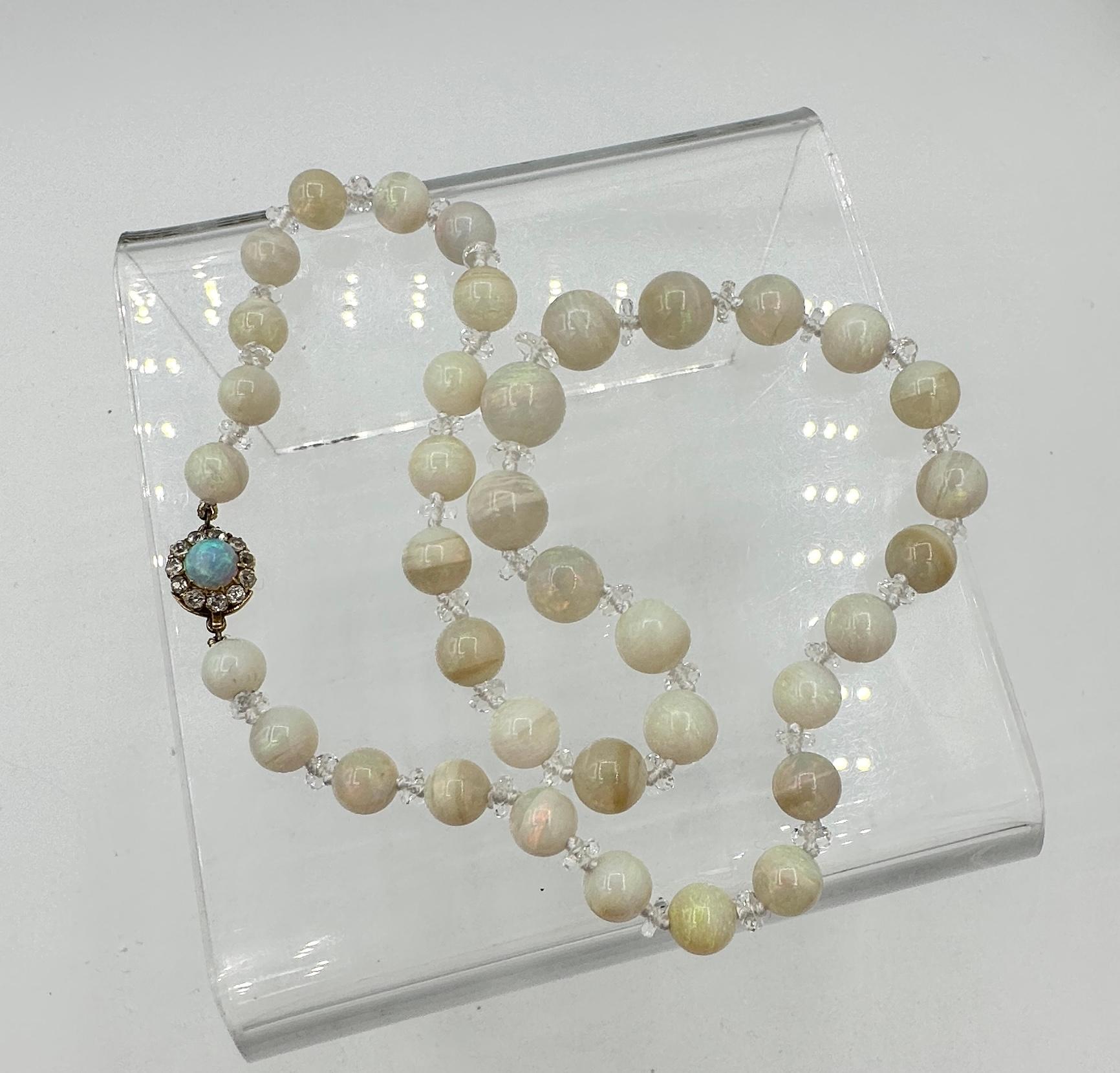 Art Deco Black Opal Old Mine Cut Diamond Rock Crystal Necklace 14 Karat Gold For Sale 13