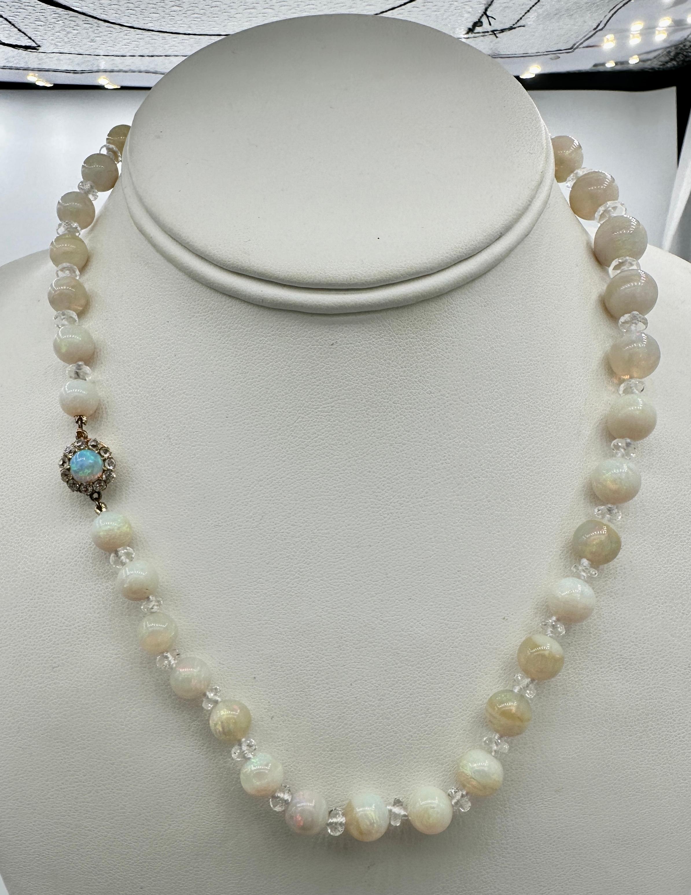 Art Deco Black Opal Old Mine Cut Diamond Rock Crystal Necklace 14 Karat Gold In Excellent Condition For Sale In New York, NY