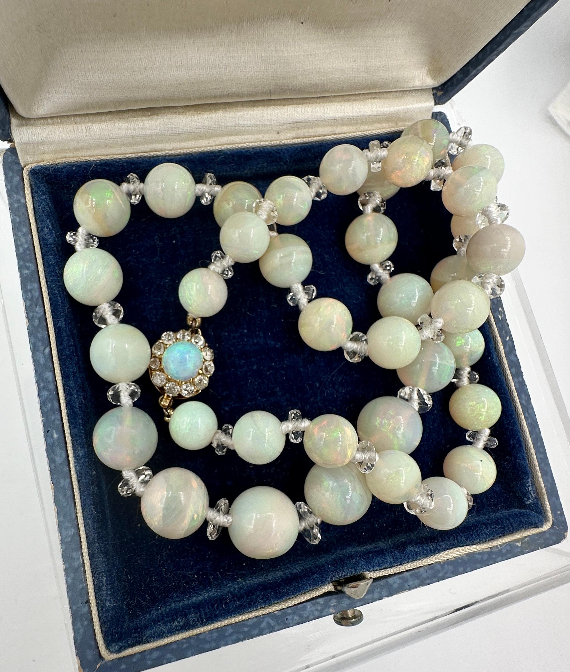 Women's Art Deco Black Opal Old Mine Cut Diamond Rock Crystal Necklace 14 Karat Gold For Sale