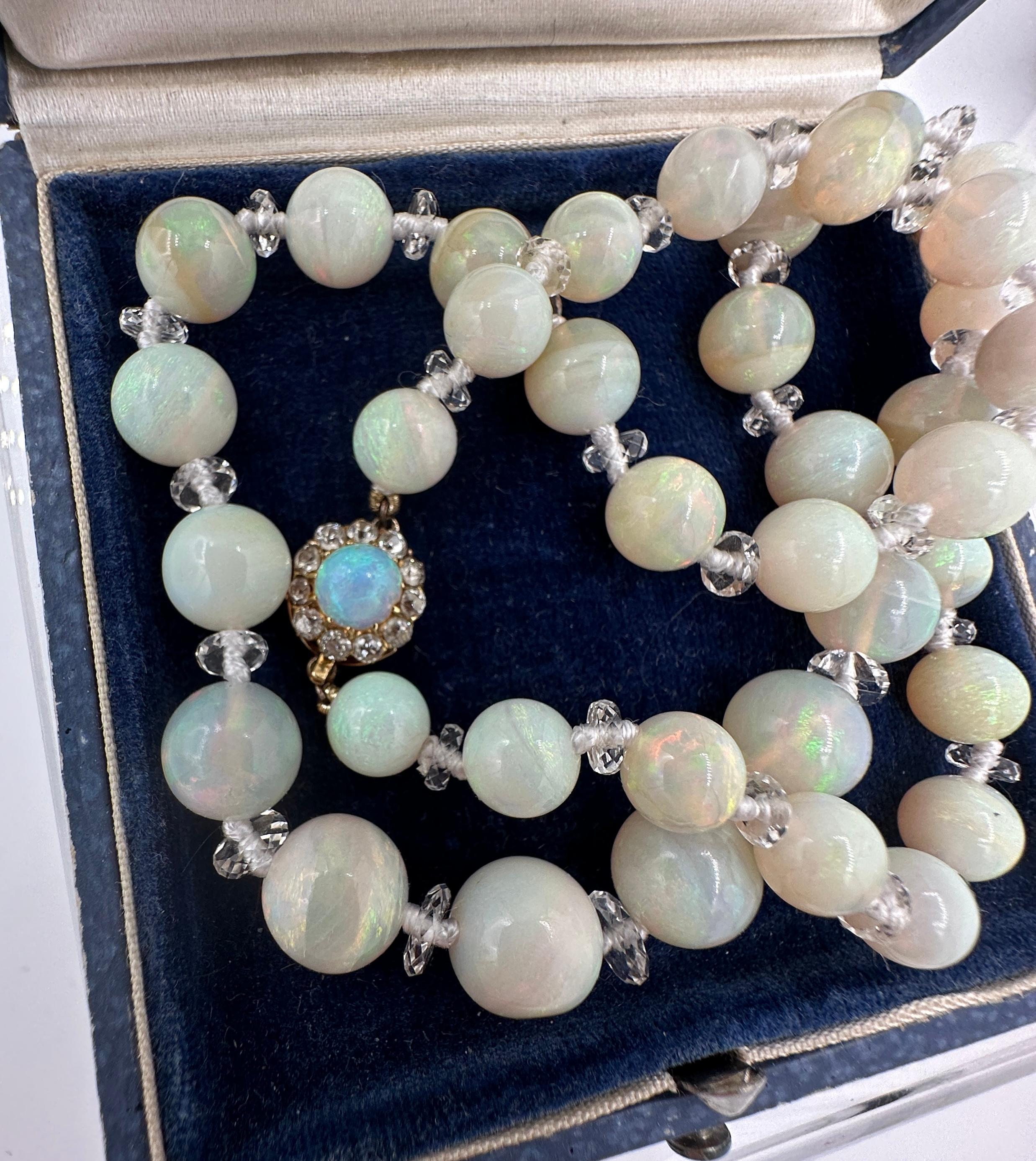 Art Deco Black Opal Old Mine Cut Diamond Rock Crystal Necklace 14 Karat Gold For Sale 1