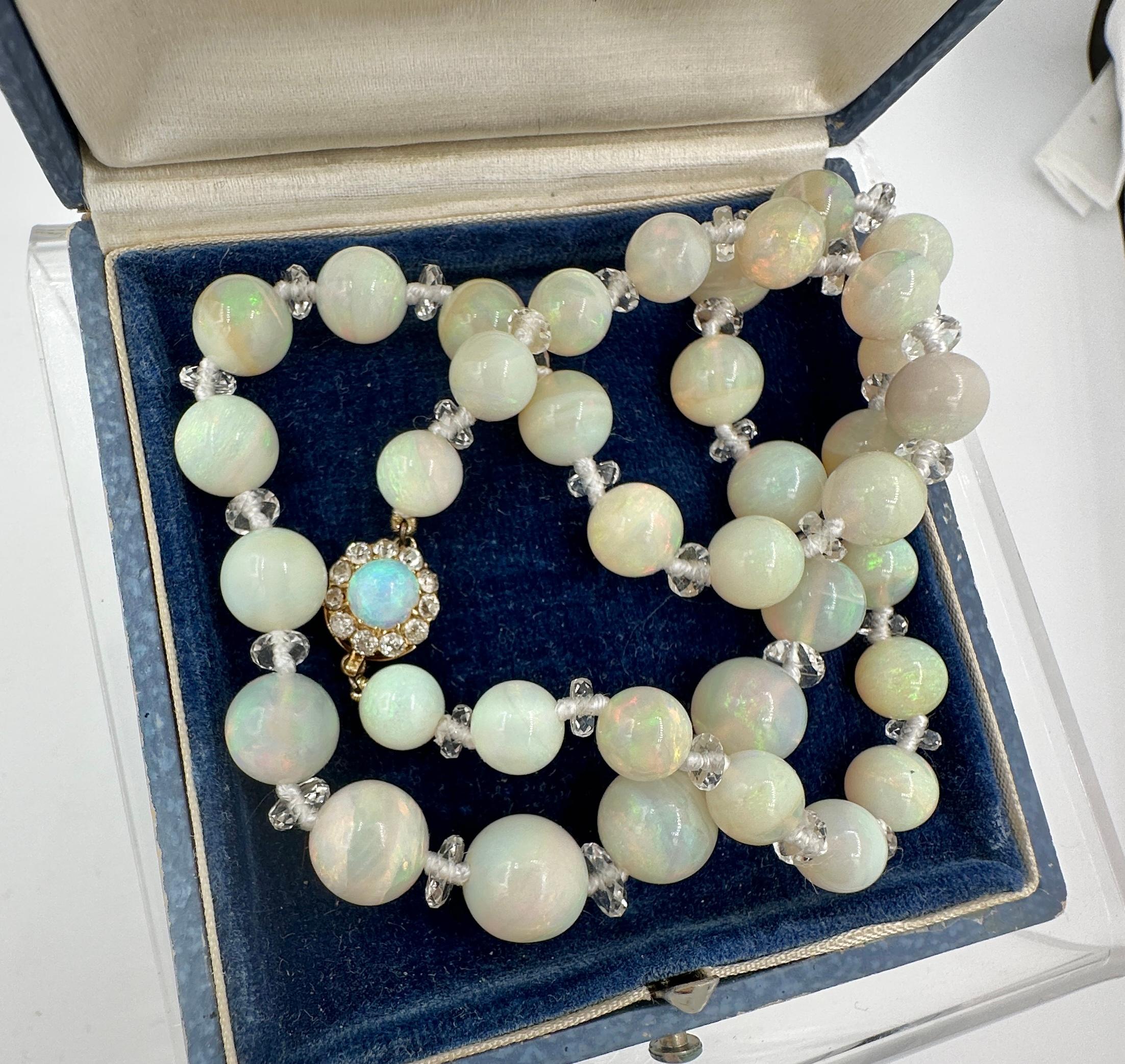 Art Deco Black Opal Old Mine Cut Diamond Rock Crystal Necklace 14 Karat Gold For Sale 4