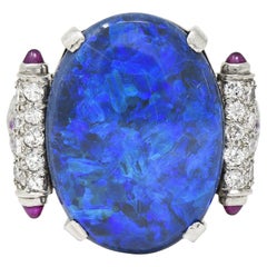 Art Deco Black Opal Pave Diamond Ruby Platinum Cocktail Ring
