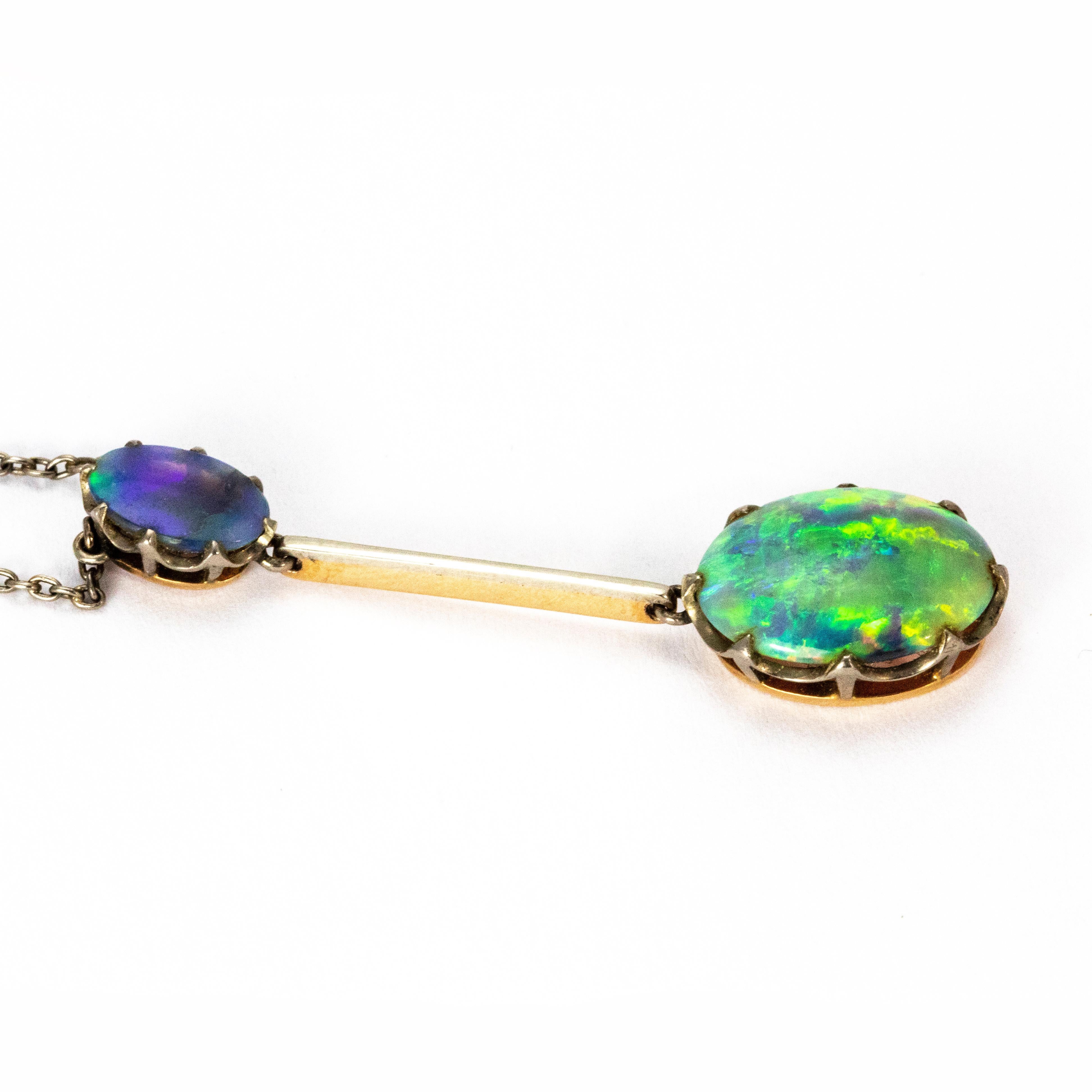 Art Deco Black Opal Pendant on Platinum Chain In Good Condition In Chipping Campden, GB