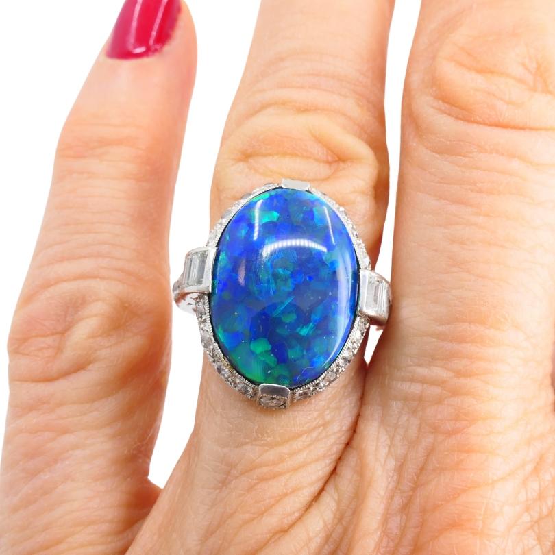Old European Cut Art Deco Black Opal Ring Platinum Diamond Estate Jewelry For Sale